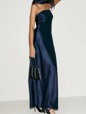 Reformation Oren Navy Silk Gown with scarf